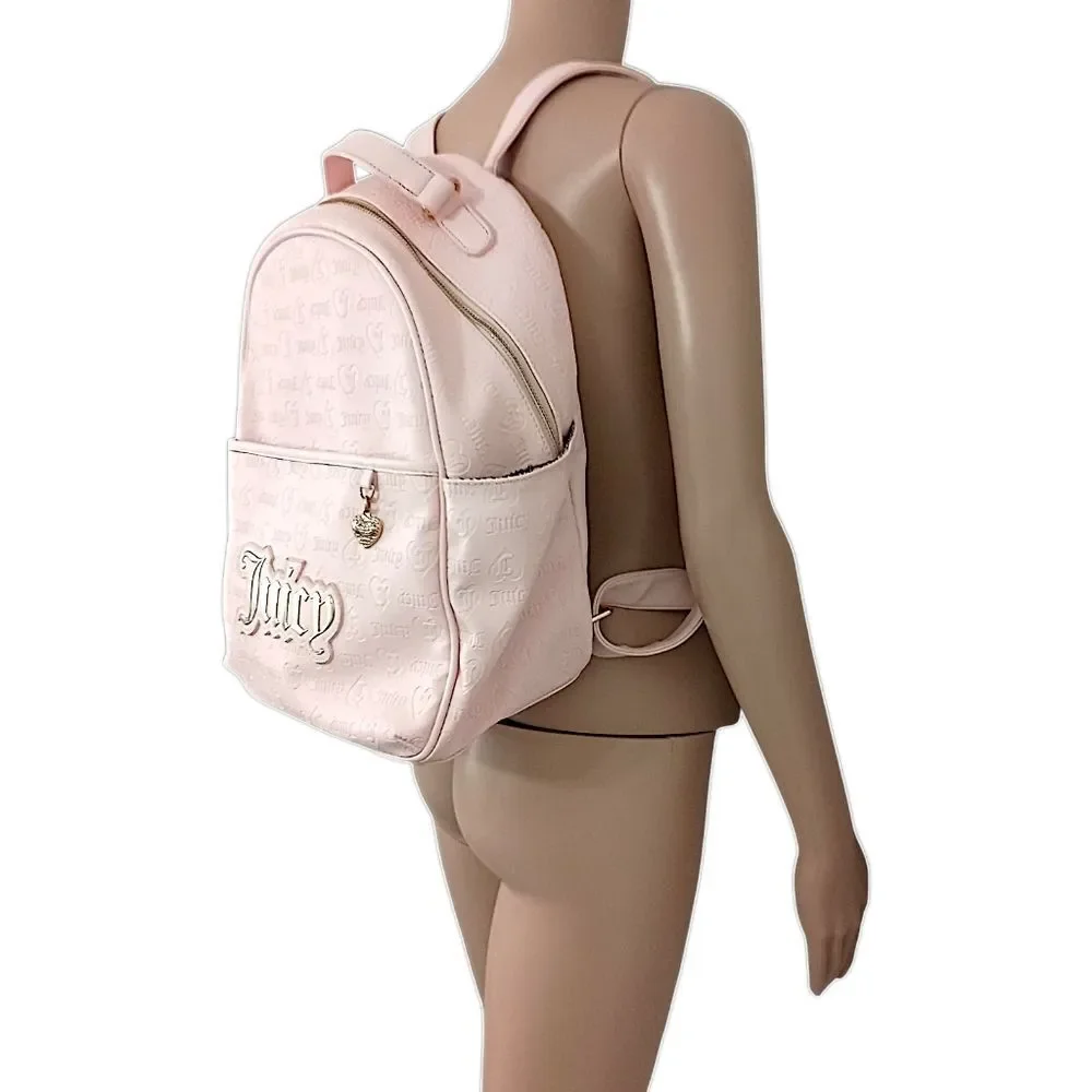 Juicy Couture‎ Pink Faux Leather Backpack Monogram Gold Logo School Travel Bag